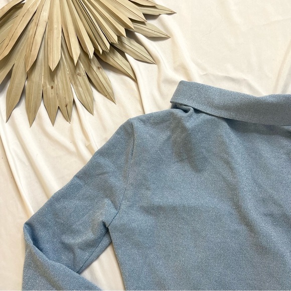 Zara Open Detail Ruched Blue Metallic Silver Keyhole Knit Y2K Blouse Top Medium - Picture 7 of 7